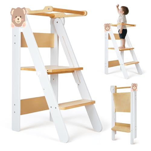 SOFTHOM Torre de Aprendizaje Infantil, Torre Montessori Plegable para Mayores de 1 año, Ahorra Espacio, Altura Ajustable, antivuelco de 360°, Color Blanco