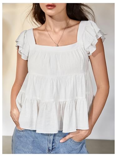 SweatyRocks Women's Ruffle Cap Sleeve Square Neck Flared Hem Blouse Shirt Tops4