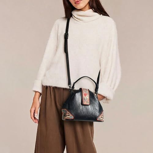 Image of EXOTIC Zenvira Artisan Satchel Bag with Embroidered Detailing, Structured Silhouette, Detachable Sling Strap Purse
