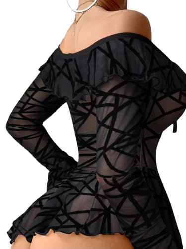 Image of Foxiny Sheer Ruffle Long Sleeve Babydoll Lingerie Dress