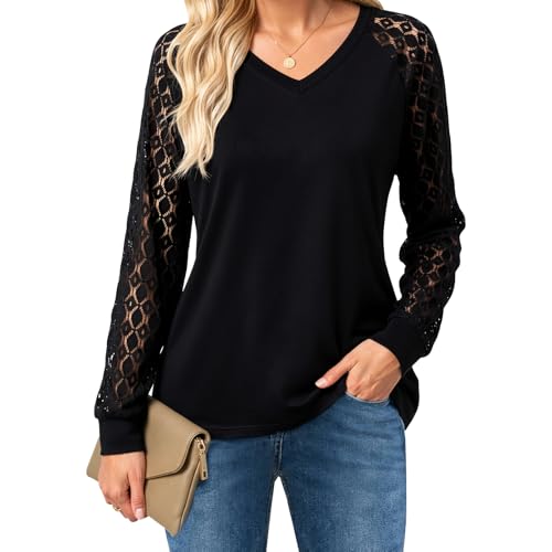 BSBUY T-Shirt à Manches Longues Femme, Chemisier Femme Extensible Hauts col V Chic et Élégante, Blouse Longues Manches Découpées Respiratoire, Pullover Bubble...