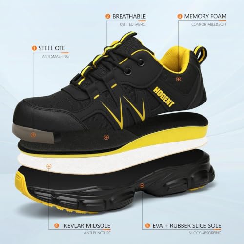 Image of Hogent Steel Toe Shoes for Men Women - Non Slip & Lightweight Work Shoes | Shock Absorption Cushion Sole, Breathable Safety Shoes, Ideal for Construction, Warehouse, Kitchen Work, Food Service