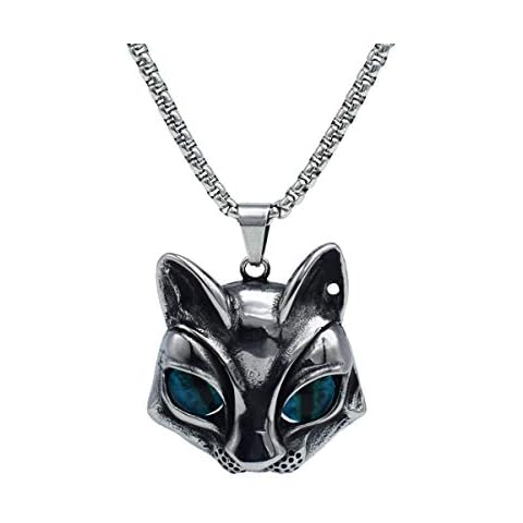 IFUAQZ Men's 316L Stainless Steel Vintage Gothic Cat Head Eye Pendant Necklace Evil Eye, Blue Eye Cover