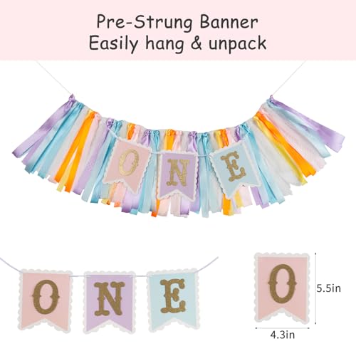 Image of Rainbow High Chair Banner for 1st Birthday - Macaron Color inchONE inch Garland with Tulle for Baby Girl Smash Cake Photo, First Birthday Party Decorations