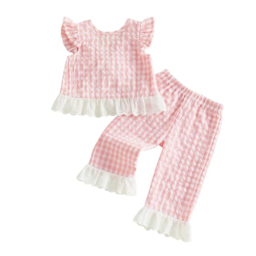 GOOCHEER Toddler Girl Clothes Baby Summer Outfits Plaid Ruffle Sleeveless Vest Tank Tops Pants Set 12 18 24 Month 2T 3T 4T (#Lace-Pink, 18-24 Months)