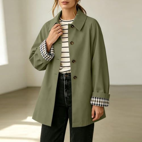 Trench Coat Women Button Front Casual Coats Fall Jackets with Plaid Cuff - image 3