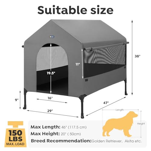 Veehoo 47" Dog House, 2-in-1 X-Large Dog House Outdoor Indoor Weatherproof, Outside Elevated Dog Cot Bed Dog Tent Shade, Three-Sided Breathable Mesh Windows and Sunshades, CWC2435CP - Image 6