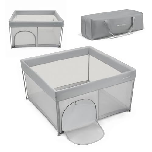 Kinderkraft ZIKI Laufstall Baby, Laufgitter bis 4 Jahren, Schnelles Zusammenklappen, Transporttasche im Set, robuste Stahlrahmen, atmungsaktiven Netzseiten, Grau