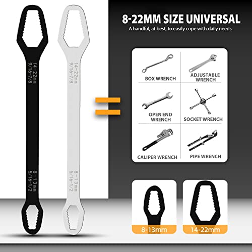 Bamugoo Universal Torx Wrench, 2 Pcs 8-22Mm Universal Wrench, Double-Ended Self-Tightening Universal Wrench Tool, Adjustable Wrench, Pocket Tool Wrenches Black & Sliver #TOP2