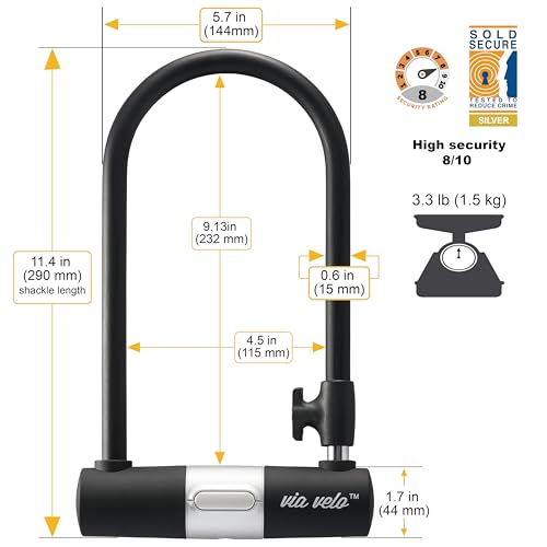 Bike U Lock with Cable | Via Velo Heavy Duty Anti-Theft Bicycle U Lock Sold Secure Silver 15mm Shackle Inner Dim 9 x 4.5 in with 10mm x 6Ft Length Cable Security Lock for Bike Electric Bike Scooter - image 2