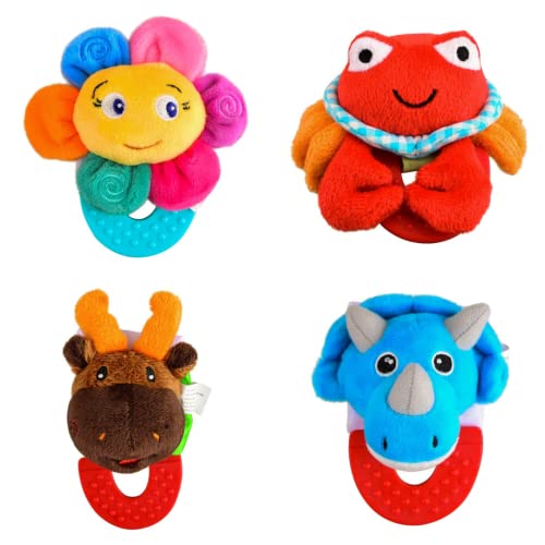 Wristy Buddy Pack of 4, Flower, Crab, Moose, & Elephant Combo Teether for Babies, 0-2.5yrs Baby Toys, Easy to Hold, Soft, Natural Organic Freezer Safe Teethers, Silicone BPA Free Baby Teething Toys