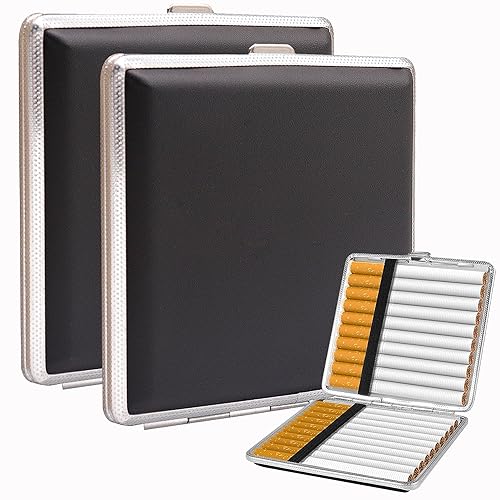 2 Stück Zigarettenetui aus für 20 Zigaretten PU-Leder Metall Zigarettencase (Schwarz+Schwarz XXL)