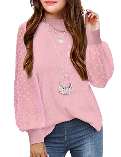 Image of Arshiner Girls Puff Long Sleeve Sweaters Crewneck Lace Polka Dot Casual Knit Tops Pullover Jumper Outwear for Kids