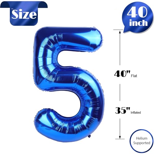 Image of Metallic Blue Number 5 Balloon 40 Inch, 5th Birthday Party Decorations, Giant 5 Foil Balloon for Party Supplies
