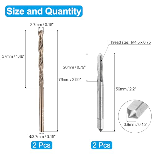 Taraud métrique M4,5 et foret de 3,7 mm HSS pour filetage de métal et taraudage manuel