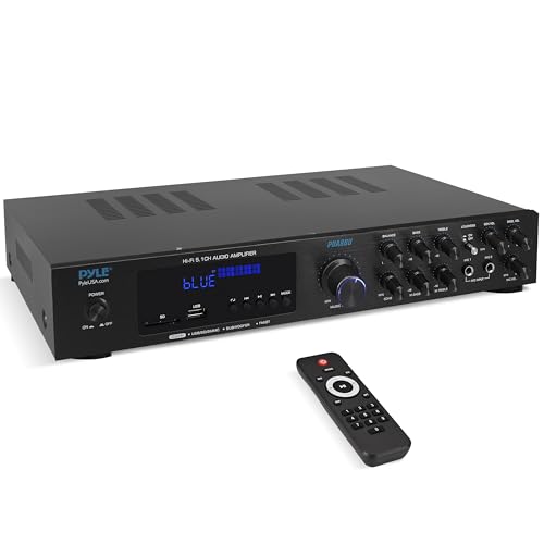 Image of Pyle Bluetooth Audio Amplifier - Home Stereo Receiver with 5 Channels and Subwoofer Out - MP3/USB/SD - AUX - FM Radio - 2 Mic Inputs w/ Echo - VFD Display - Remote Control - PDA8BU