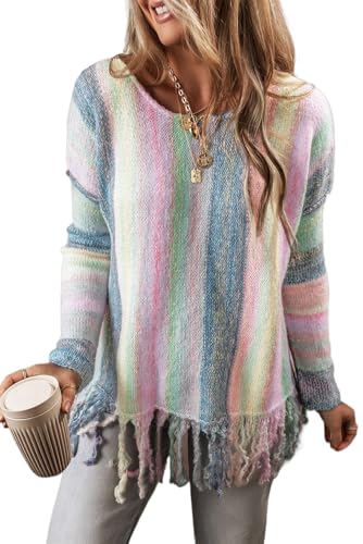 Women's Purple Color Block Fringed Tunic Sweater - Ombre Design