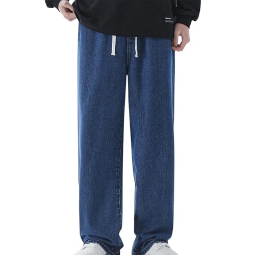 Men's Denim Pants Drawstring Straight Leg Jeans Pants Loose Vintage Pockets Trousers for Men Baggy Cargo Jeans