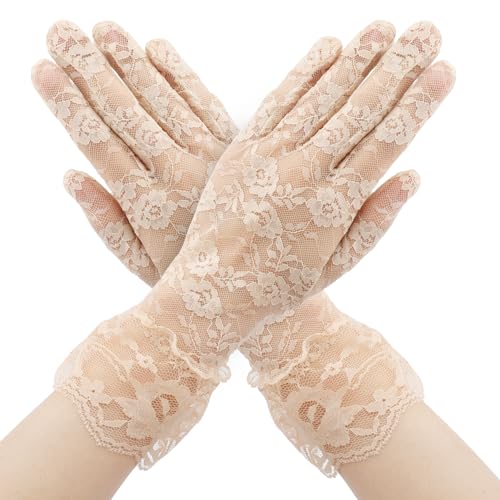 SycloPak Guanti Pizzo,Beige Guanti In Pizzo Da Donna,Guanti Corti In Pizzo,Guanti Bianchi Da Cerimonia,Guanti Donna Eleganti,Rete Floreale Guanti Sposa Opera Feste Di Nozze Protezione Uv Estivi