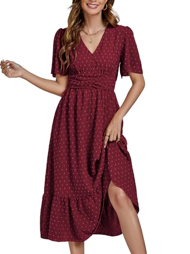 Image of LYANER Women's Boho Maxi Dress Long Sleeve V Neck Swiss Dot High Waited A-Line Ruffle Tiered Chiffon Long Dresses
