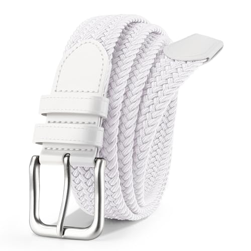 Mens Belt Braided Stretch Belt for Men Golf Pants Casual Jeans (White)