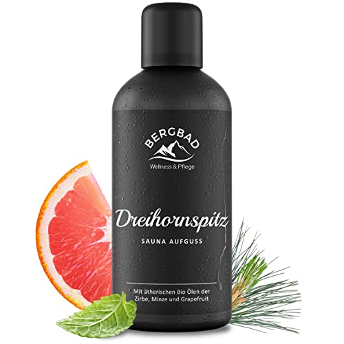 BERGBAD BIO Saunaaufguss Zirbe, Minze & Grapefruit 100ml, DREIHORNSPITZ wohltuendes & erfrischendes Sauna Aufgussmittel mit Bio Alkohol, Wasser und 100% naturreinen ätherischen BIO Öl Aufgüsse Cover