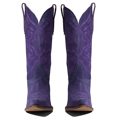 Image of LEHOOR Cowboy Boots Women Embroidered Mid Calf Western Boots Stacked Low Heel Pointed Toe Pull On Cowgirl Boot 4-11 M US