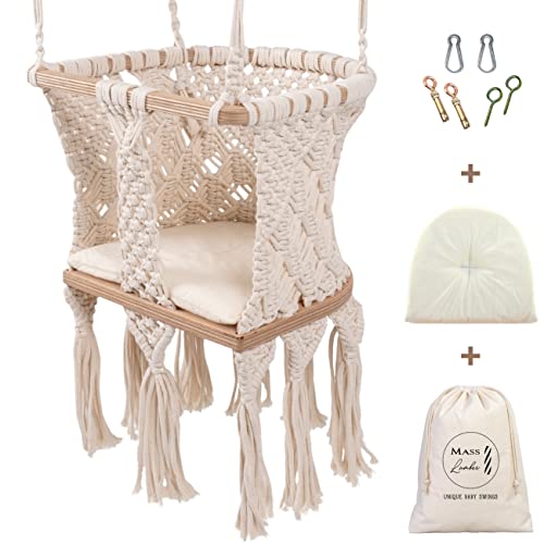 Image of Mass Lumber Macrame Baby Swing Chair with Ceiling Hardwares, Cushion and Storage Bag, Boho Baby Swing Indoor, Crochet Infant Swing Outdoor, Baby Swings for Infants to Toddler Outdoor Baby Swing Seat