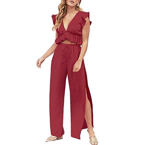 FANCYINN Womens 2 Pieces Outfits Deep V Neck Crop Top Side Slit Drawstring Wide Leg Pants Set Jumpsuits Burgundy Large