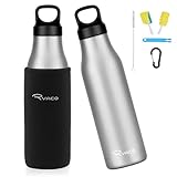 Ryaco Trinkflasche Edelstahl Wasserflasche 600ml, Vakuum-Isolierte BPA-frei auslaufsicher Thermosflasche,Warmhalten für Sport, Fitness, Reisen, Outdoor, mit Karabinerhake (Silber)