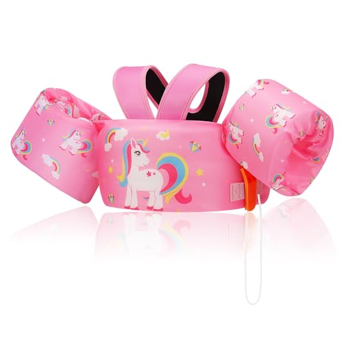 MoKo Gilet de Natation Ajustable pour Enfants de 20 à 50 lbs, Brassard de Natation à Double Usage, Flotteurs de Piscine avec Sifflet d'urgence et Boucle en D, Licorne...
