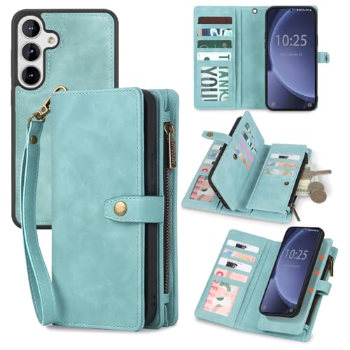 TwoHead for Samsung Galaxy S25 Wallet Case with Card Holder Detachable Magnetic Phone Case for S25 PU Leather All-Round Protective Phone Case Wallet with Wrist Strap(6.2 in Blue)
