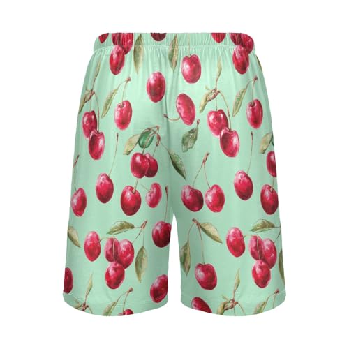 Mens Pajama Shorts Pink Cherries Turquoise Men's Pajama Bottoms Men Lounge Sleep Pants Casual with Drawstring Pockets M3