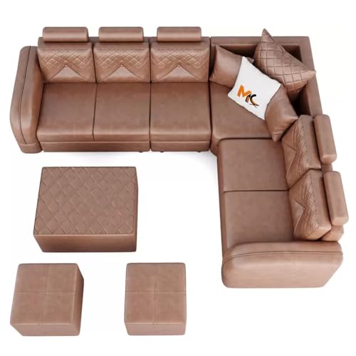 Image of FURNY Desiroy 8 Seater Leatherette Sectional Corner Modular L Shape Sofa Set with 1 Centre Table & 2 Puffy (Brown)