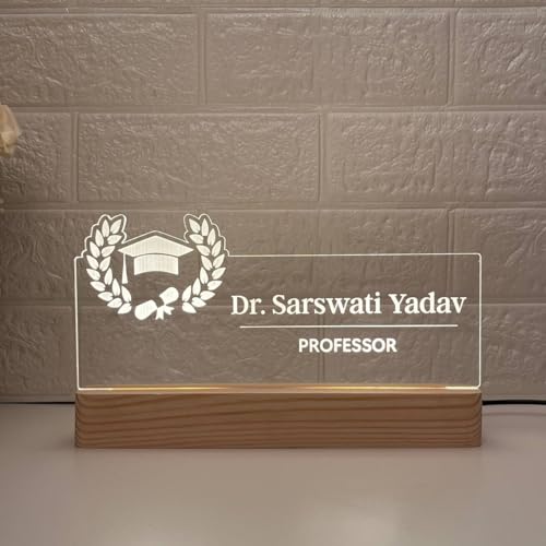 Image of Personalized Acrylic Desk Name Lamp for Professors | Custom LED Light with Name, Designation & University Logo | Best Birthday Rakhi Gift for Assistant Professor , HOD, Dean, Vice Chancellor, College Staff, Promotion farewell and New office joining (10 x 6 inch) (For Professor)