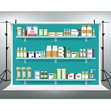 Cartoon Pharmacy Store Background 9x6ft Various Medicines on The Shelf Decorations Pharmacy Themed Party Backdrop Photoshoot Studio Booth Props BJMYLU1007