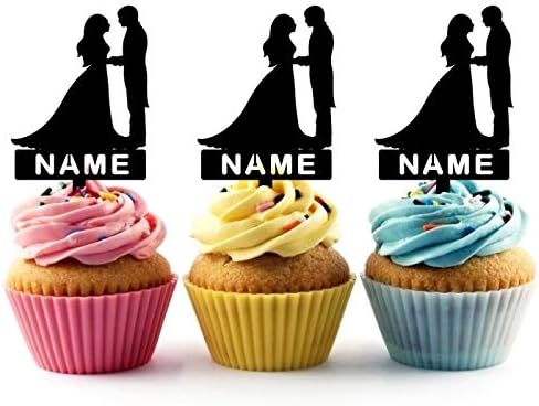 TA0263 Wedding Marriage Couple Silhouette Party Wedding Birthday Acrylic Cupcake Toppers Decor 10 pcs with Personalized Your Name