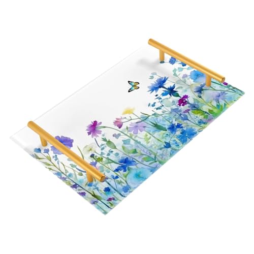 Wassud Bathroom Vanity Tray with Handles Watercolor Flower Field Acrylic Jewelry Perfume Organizer for Bathroom Kitchen Counter 11.81