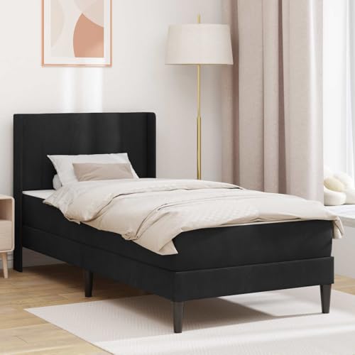 Mangloder Cadre de lit avec matelas et tête de lit, noir, 90 x 190 cm, housse en velours, ergonomique, respirant, avec matelas à ressorts ensachés, sommier à lattes, mousse froide