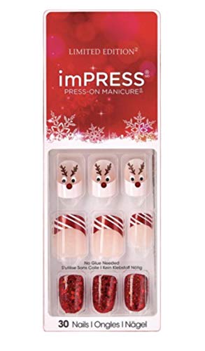 Kiss imPress Press-On French Manicure Christmas Nails 79367 Sleigh (Red and White) Red Nosed Reindeer Design