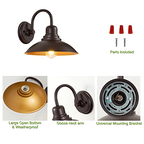 Image of GOLDHILL 10.5 inch Bronze Gooseneck Metal Outdoor Barn Light, Powder Coated Farmhouse Porch Light with Gold Interior, Wet Location Rated Exterior Sconce for Porch, Garage, Bathroom Vanity