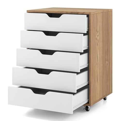 GIANTEX Aktenschrank auf Rollen, Rollcontainer mit Schubladen, mobiler Druckerständer für Home-Office & Büro, für Ordner, Dokumente, Papiere (Natur + Weiß, 49 x 40 x 65 cm)