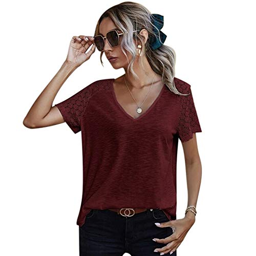 T-shirt à manches courtes et col en V - Pour femme - Couleur unie - En dentelle - Patchwork creux, rouge, XL Cover