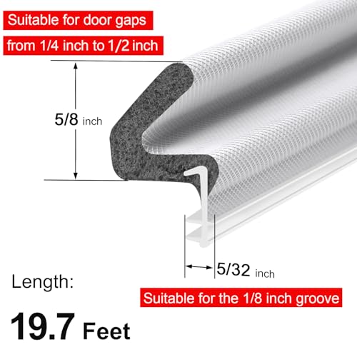 Image of 19.7FT Kerf V‑Shaped Weather Stripping Door Seal, Press‑in Seal for Pre‑Cut Slot Doors, Not Self‑Adhesive, Soundproof Draft Blocker for Exterior Front Doors, Fits Large Gaps, Easy DIY Install (White)