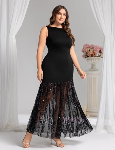 Plus Size Wedding Guest Dress Summer Sleeveless Cocktail Formal Gown Sequin Sheer Mesh Embellished Mermaid Maxi Dress3