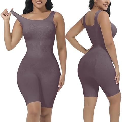 Jumpsuits for Women Tummy Control Seamless Ribbed Square Neck Playsuits | One Piece Sleeveless Yoga Workout Romper Tank Top Shorts (Brown-Medium) Cover