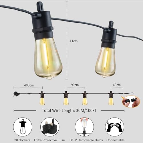 Meidaoduo Festoon Lights Outdoor 30M/100 FT Garden String Festoon Lights IP65 with 32 LED 2700K Bulbs Outdoor String Lights Mains for Indoor Outside Patio Pergola Decor 4M Extension Cable Built-in - Image 2