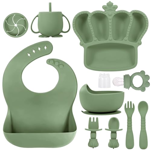 Image of BXLL Olive Green 10 Pcs Baby Led Weaning Supplies - Silicone Baby Feeding Set with Suction Bowl, Divided Plate, Bibs, Fruit Feeder, Pacifier, Spoons, Forks, Sippy Cup & Snack Cup