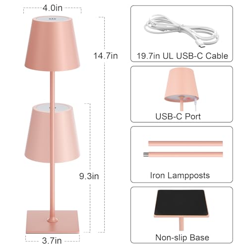 Image of Kakanuo Pink Cordless Rechargeable Table Lamp 5000mAh Battery Operated Lamps, 3 Colors Stepless Dimming Touch Lamp for Living Room, Kitchen Counter, Dining, Outdoor Patio, 2 Pack