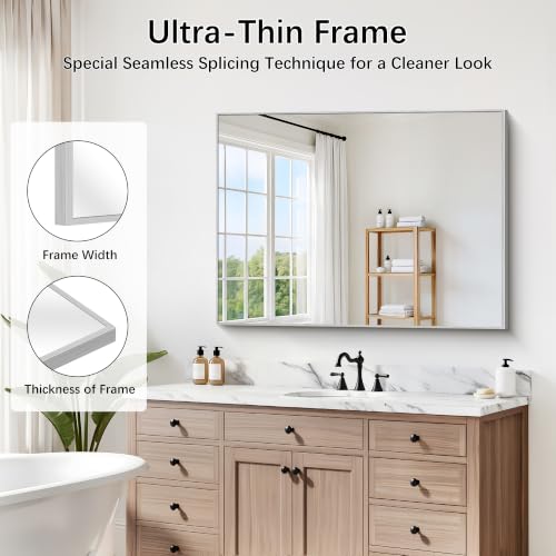 Image of DESBING 30 inch x 40 inch Bathroom Mirror, Silver Metal Frame Wall Mirror | HD Image,Shatterproof Decorative Rectangular Vanity Mirror for Bedroom Bathroom Living Room Entryway Horizontal or Vertical